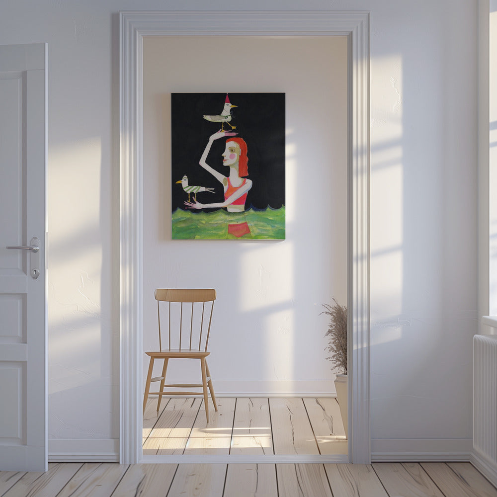 Schwimmende Dame mit Vögeln | Leinwand