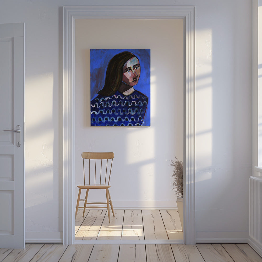 Frau im blauen Pullover Naives Porträt Figurativ | Leinwand