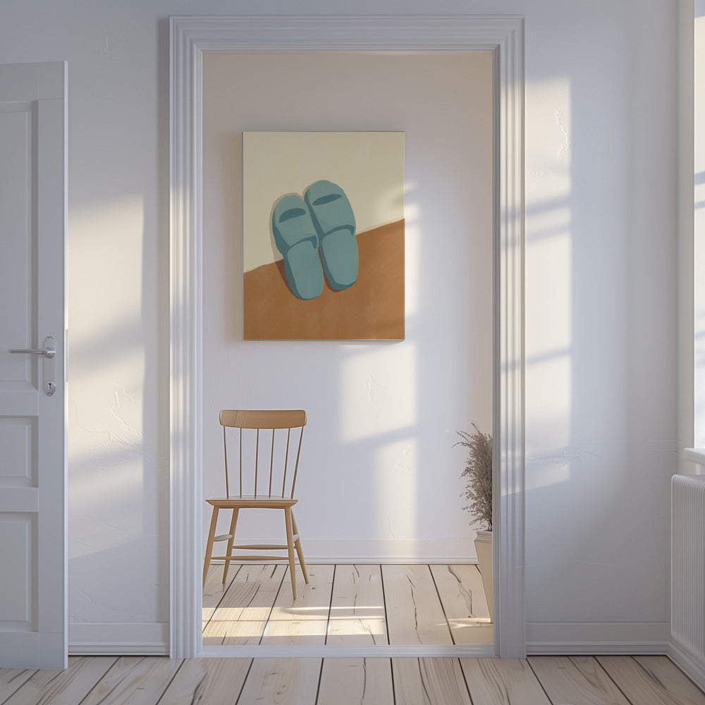 Blaue Hausschuhe auf braun-beigem Hintergrund | Leinwand