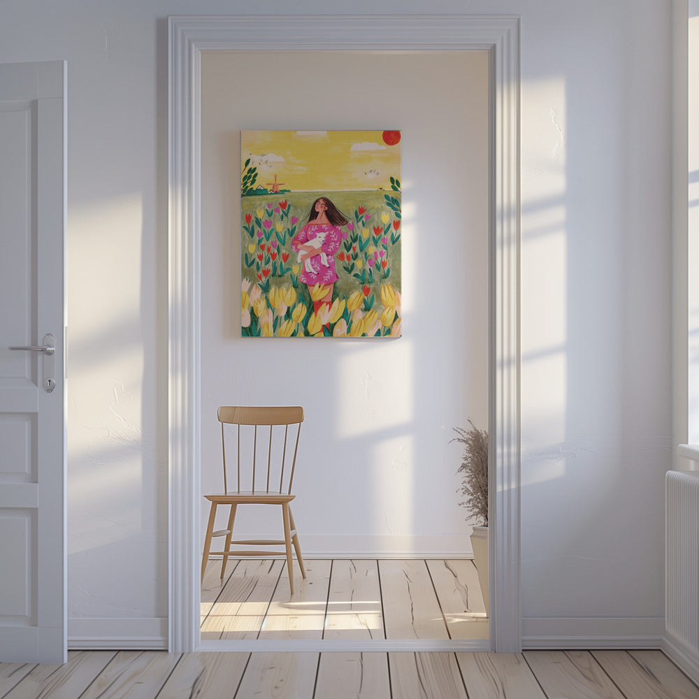 Frau im Frühlingstulpenfeld | Leinwand