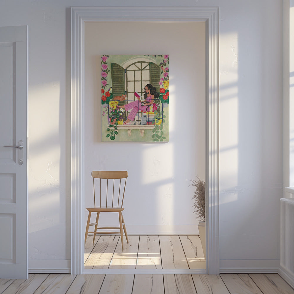 Frau liest auf Balkon | Leinwand