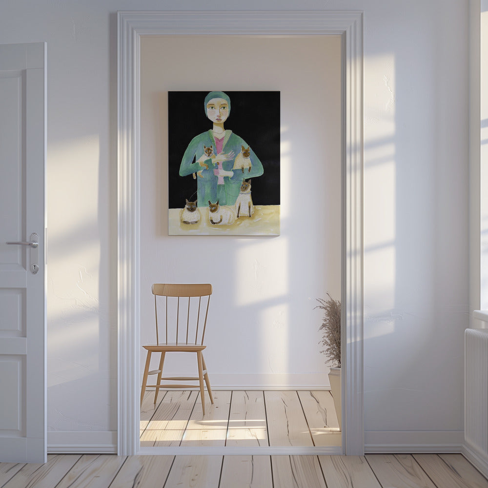 Dame mit fünf Siamkatzen | Leinwand