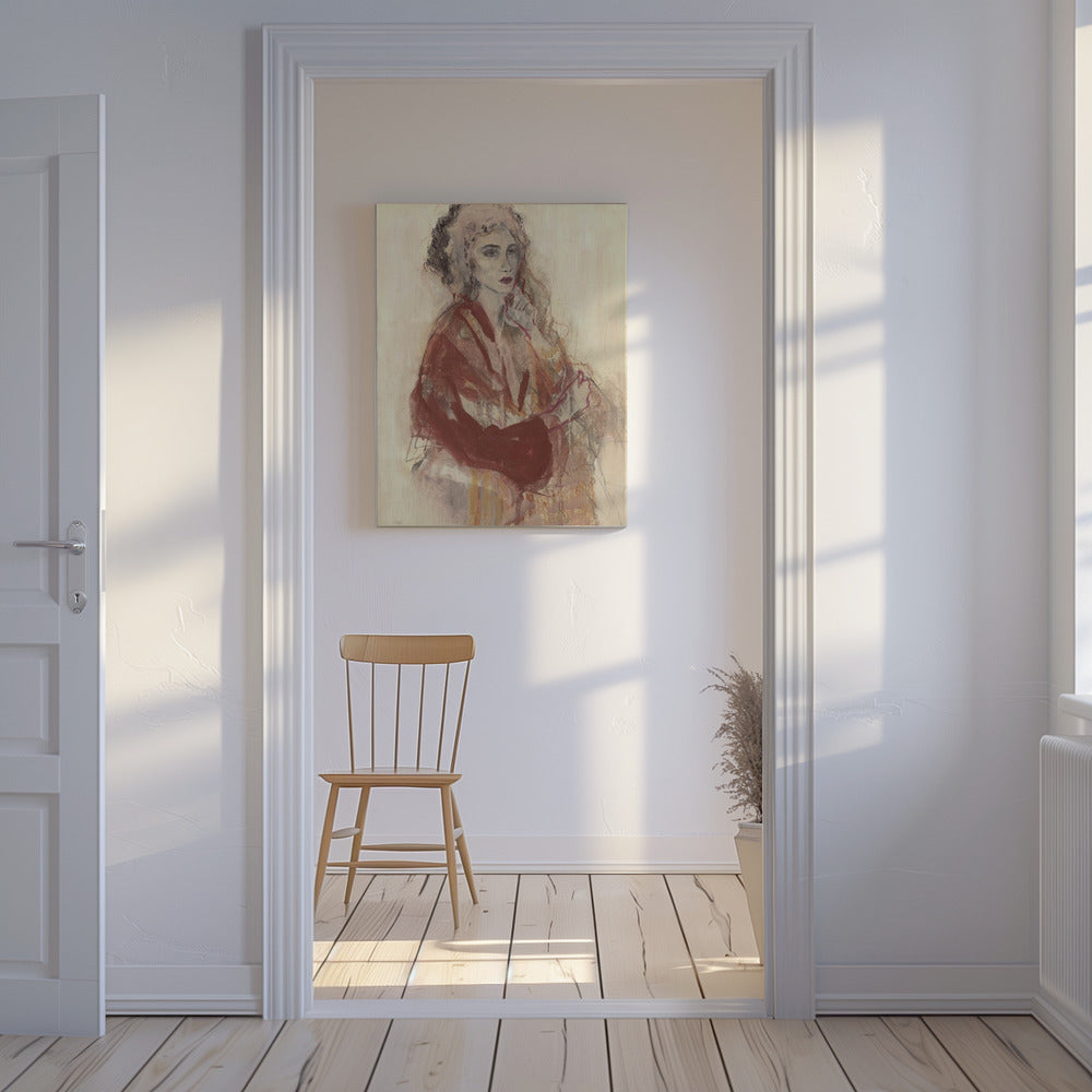 Kontemplative Frau in warmen Rottönen | Leinwand