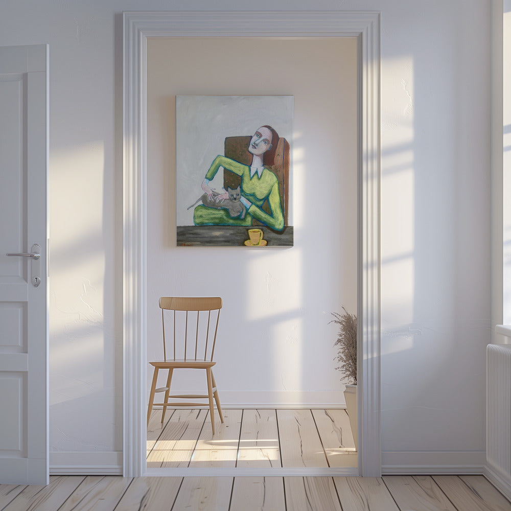 Dame kitzelt graue Katze im Stuhl | Leinwand