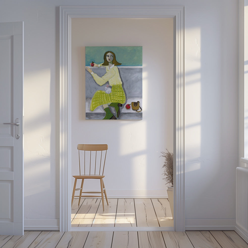 Dame und der Hase mit Apfel | Leinwand
