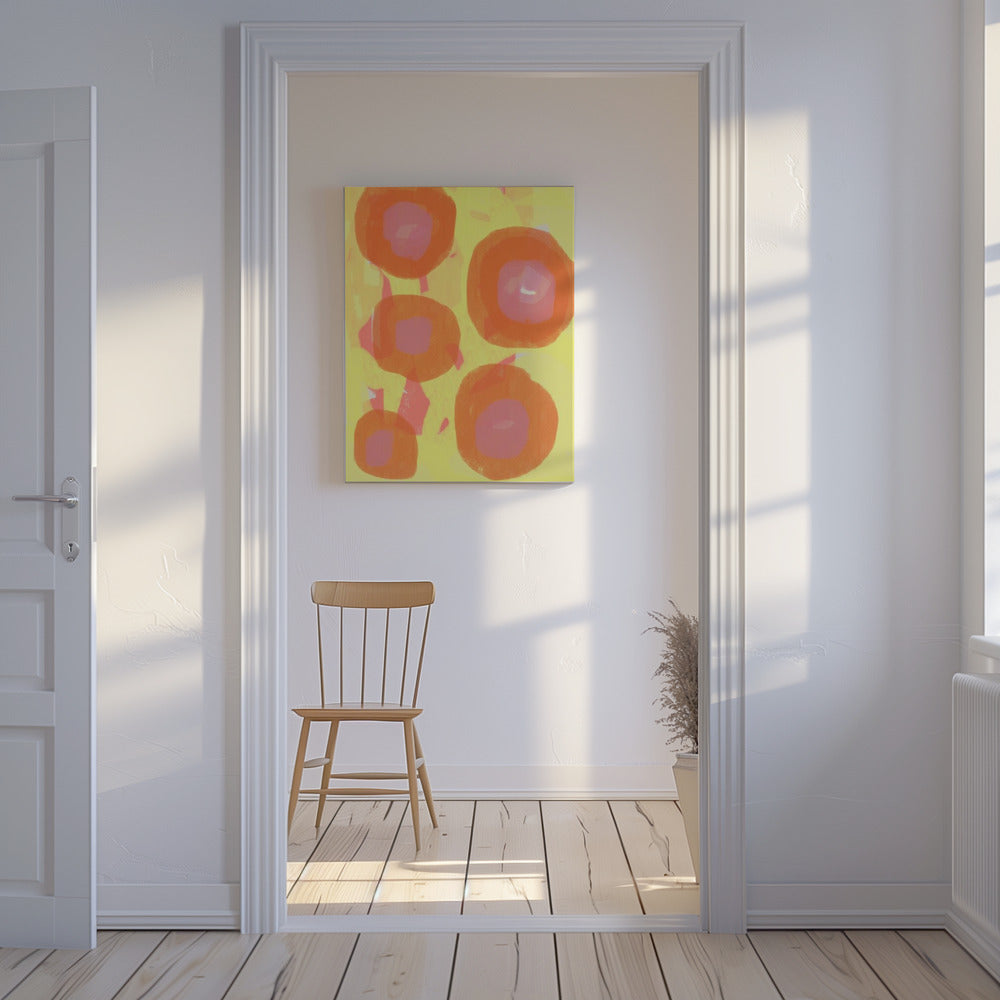 Abstract Painting. Boho roses in orange and pink on yellow. | Canvas