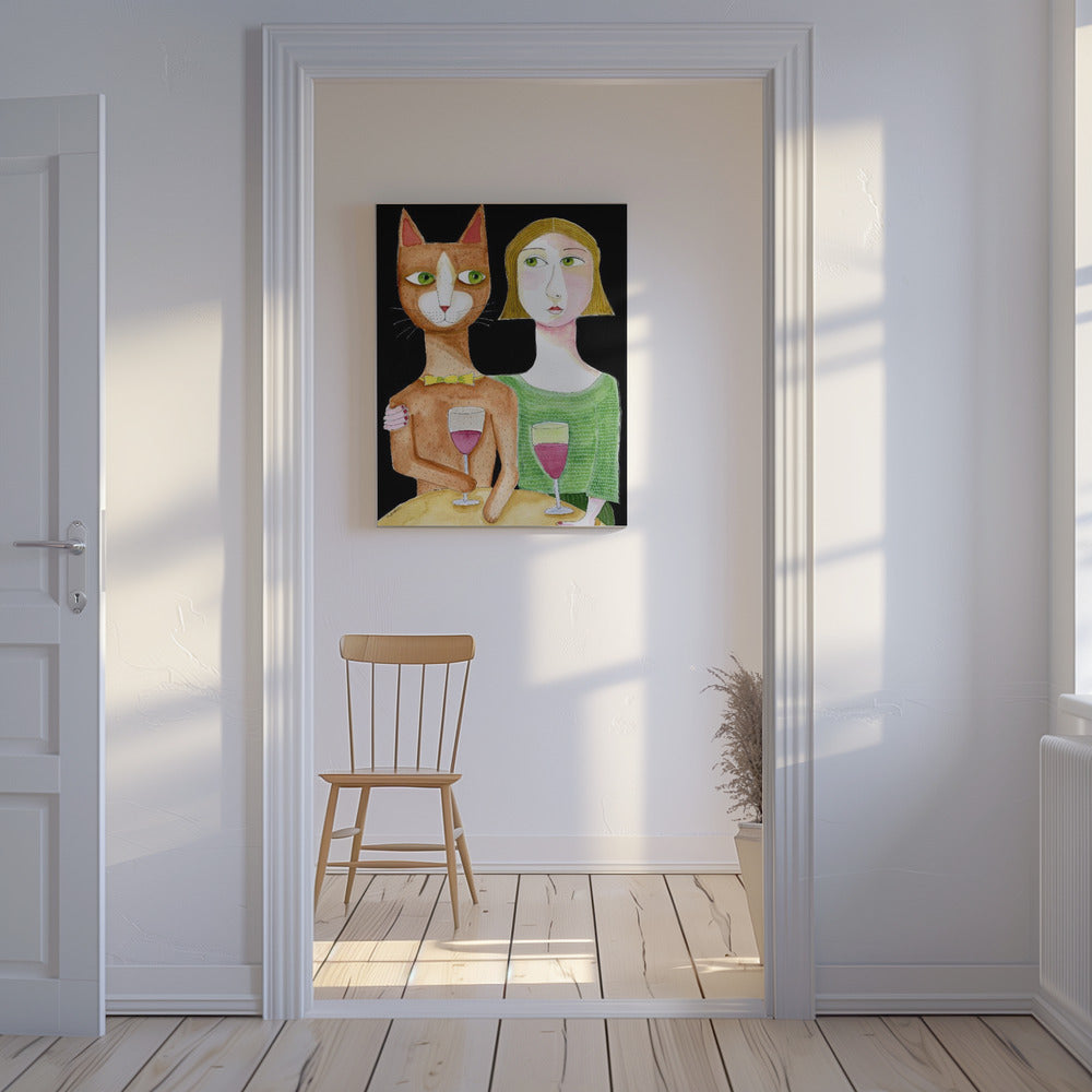 Beste Freunde Katze und Dame trinken Wein | Leinwand