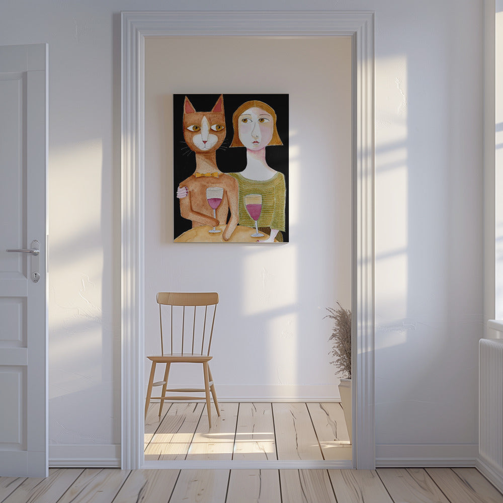 Beste Freunde Katze und Dame trinken Wein | Leinwand