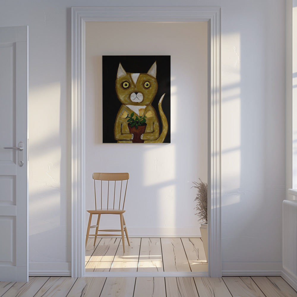 Topfpflanze Katze schwarzer Hintergrund | Leinwand
