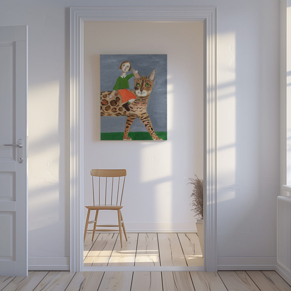 Mädchen auf Bengalkatze | Leinwand