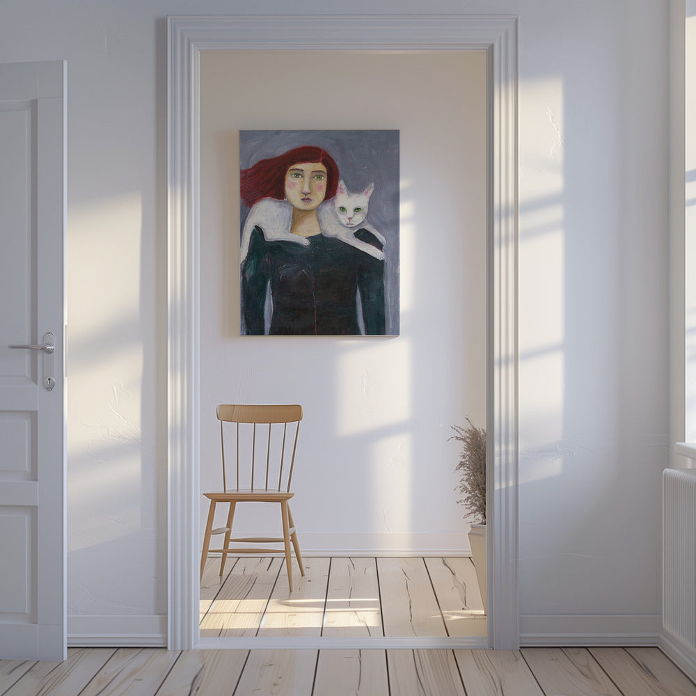 Die Dame und die weiße Katze | Leinwand