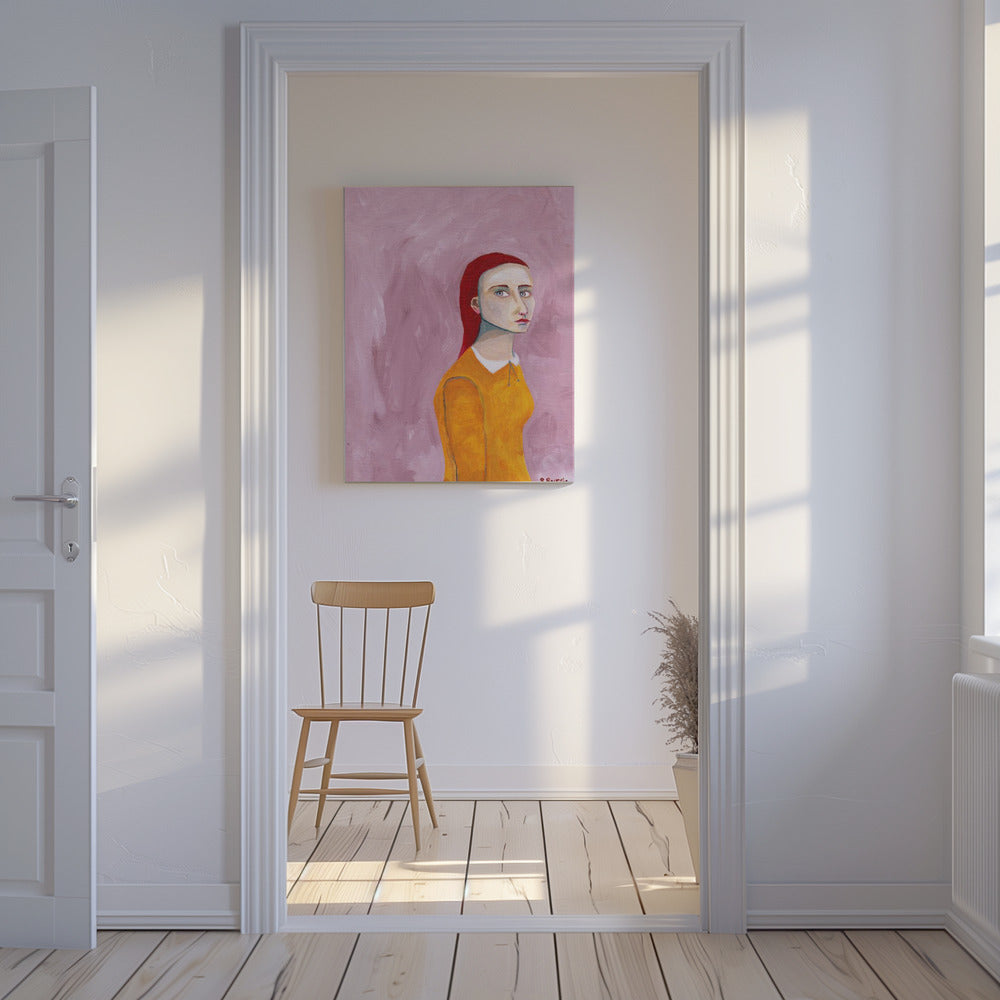 Dame im gelben Kleid und rosa Hintergrund | Leinwand