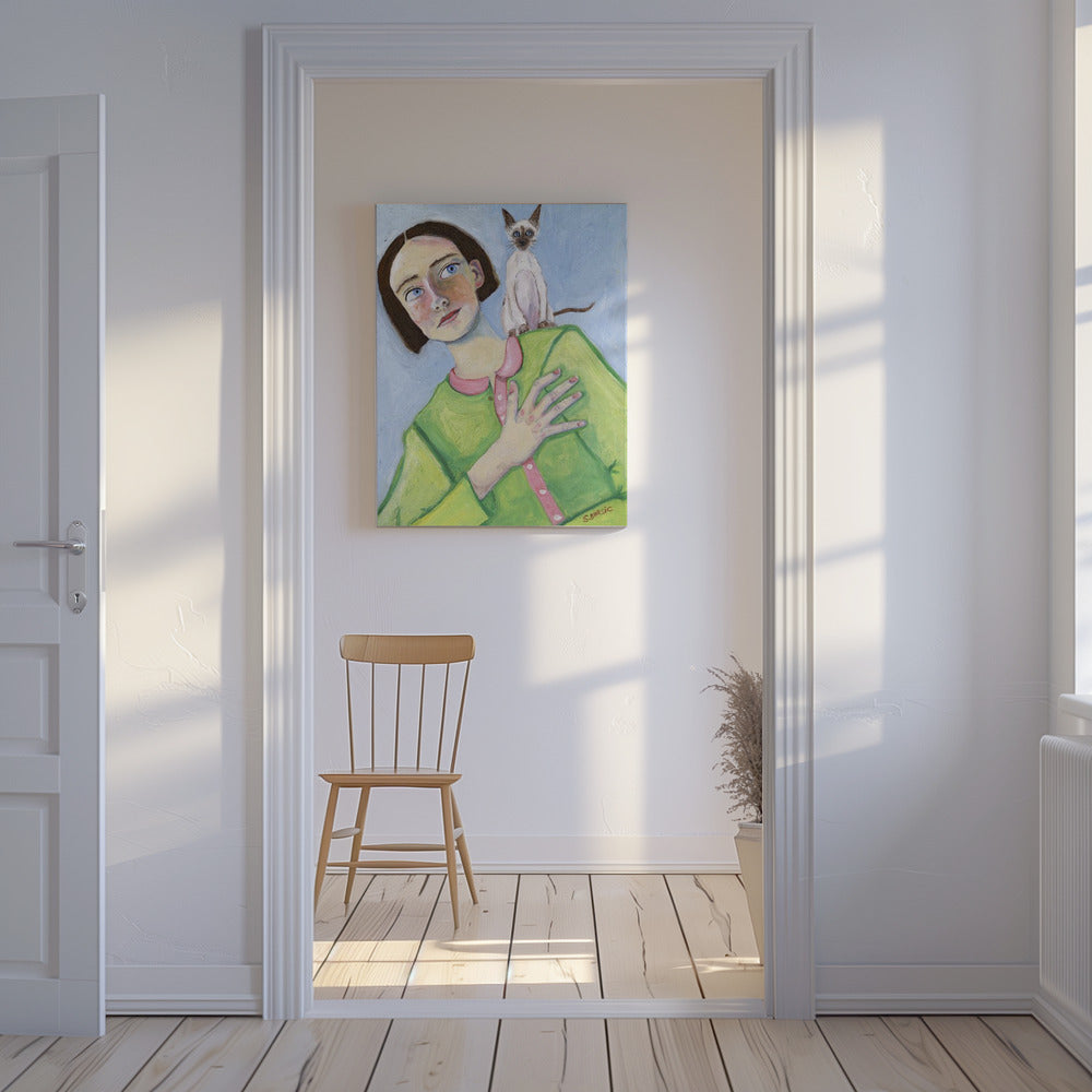 Mädchen mit Katze auf der Schulter | Leinwand