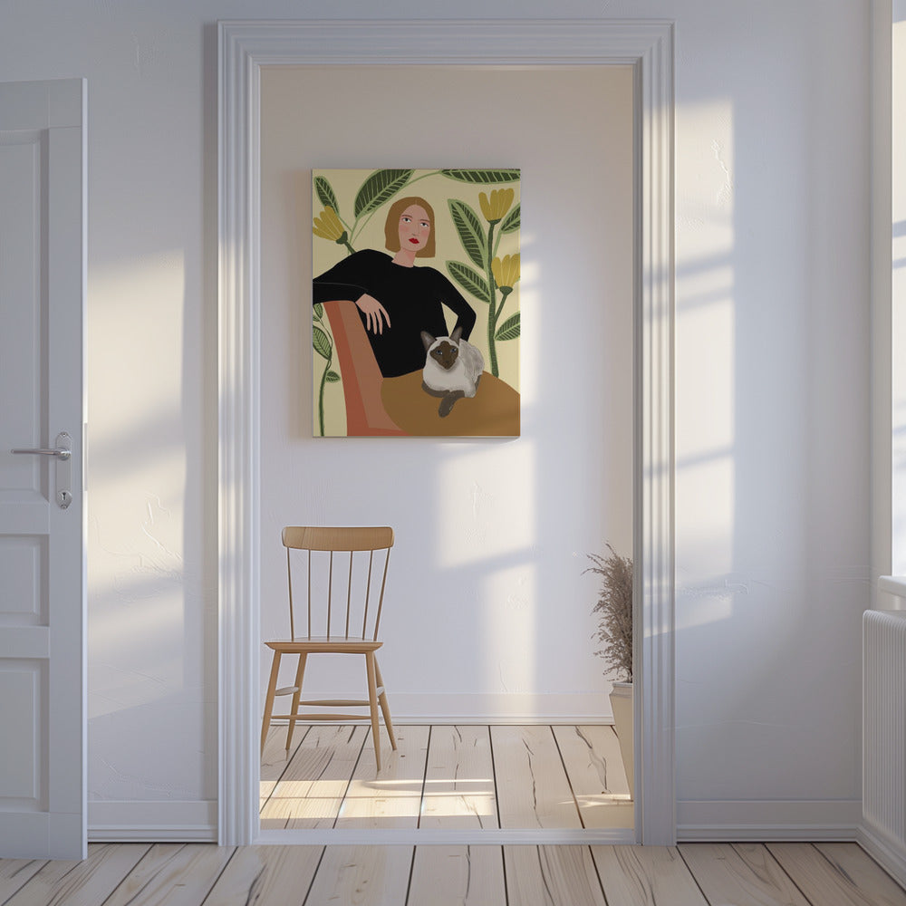 Lady with plants and cat | Canvas