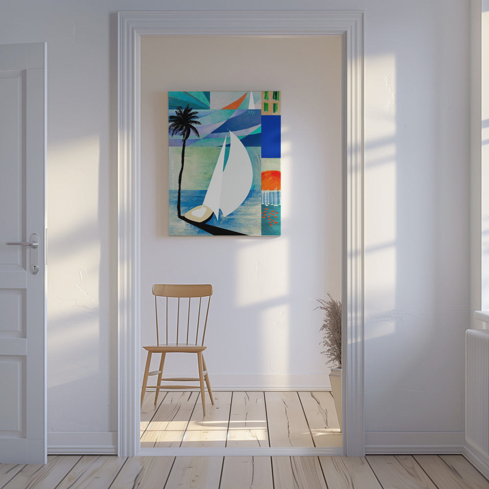 Farbenfroher mediterraner Reisekunstdruck mit Sonnenaufgang und Palme | Leinwand