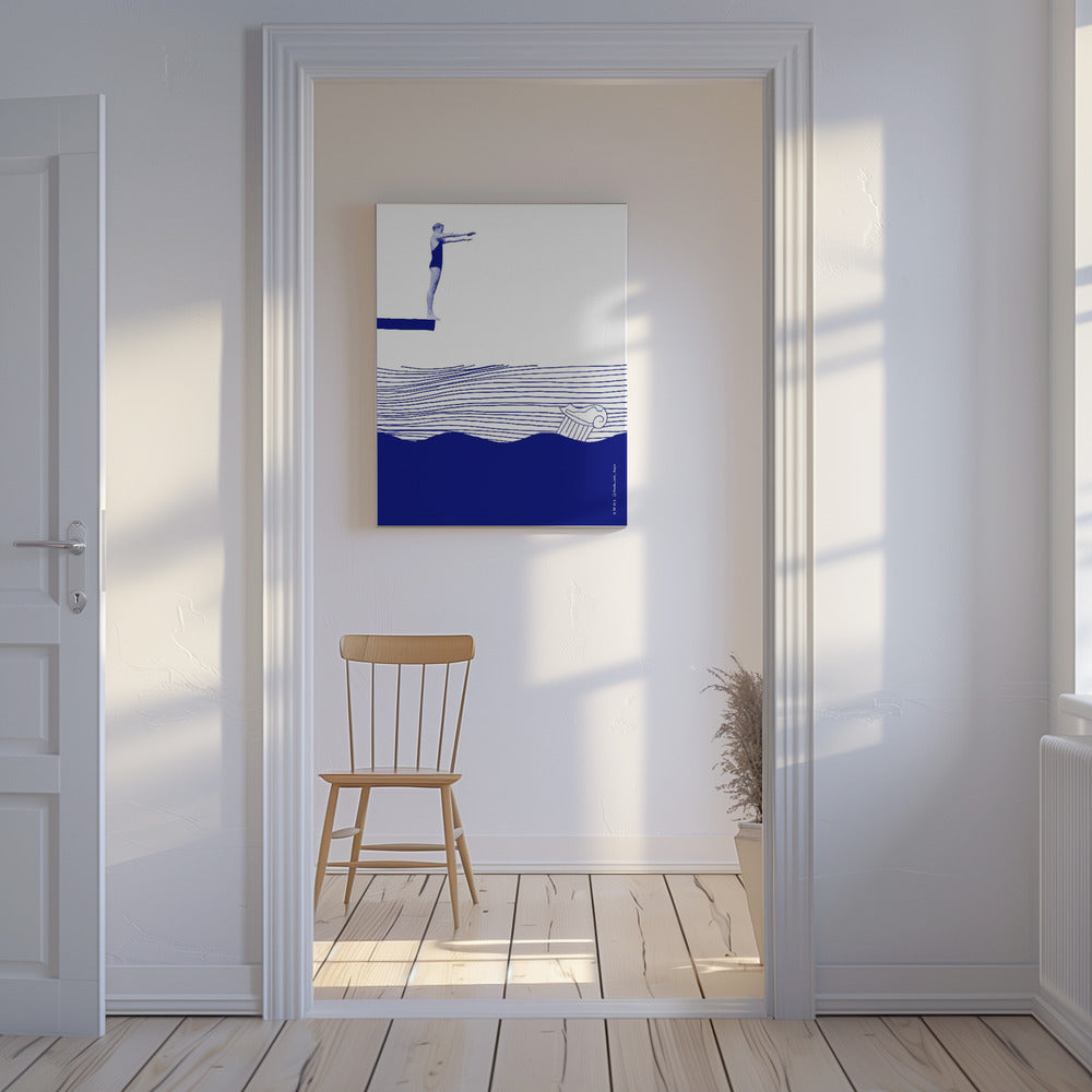 Modern Vintage Beach Wall Art, Nautical Art Print, Woman Swimming In Abstract Sea | Canvas