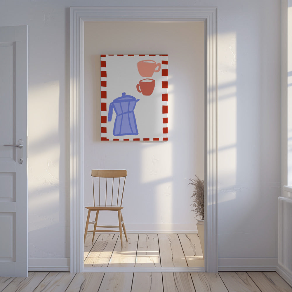Minimalistische blaue Kaffeekanne und zwei rosa Tassen | Leinwand
