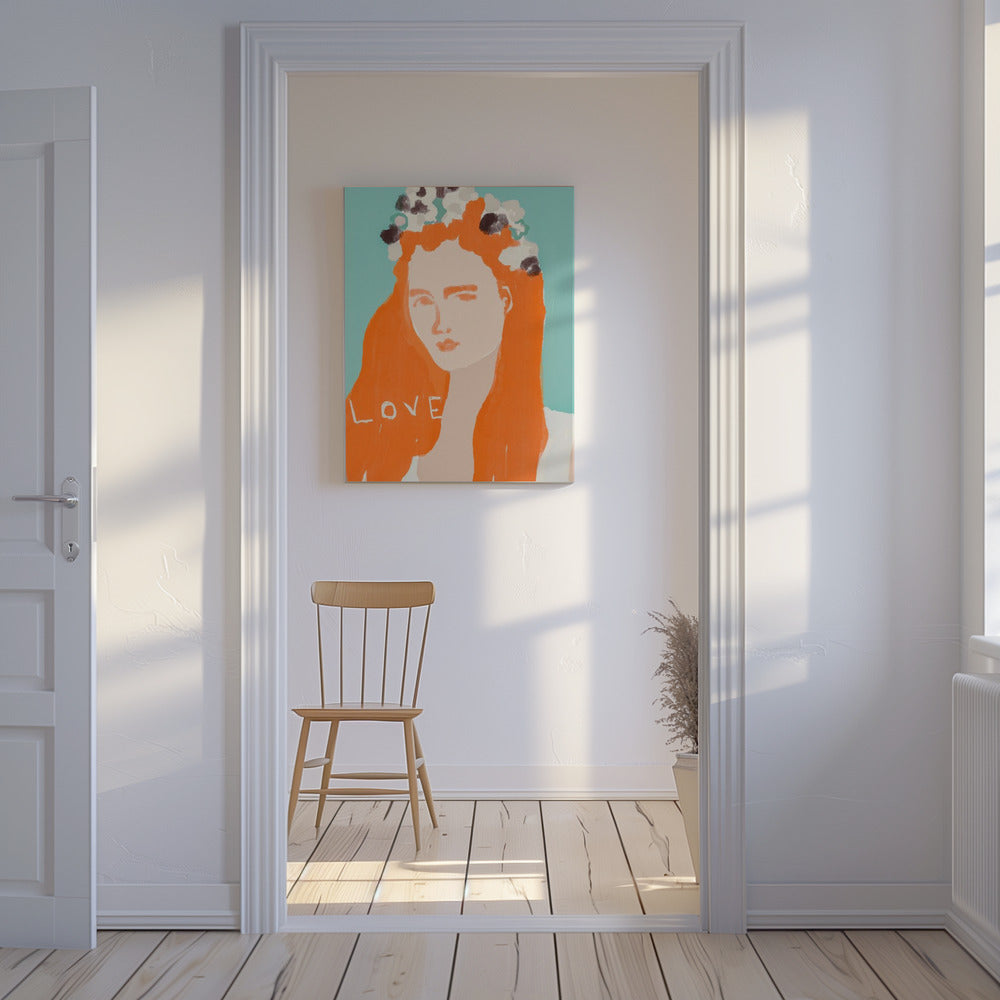 Frau mit orangefarbenem Haar, geschmückt mit Blumen | Leinwand
