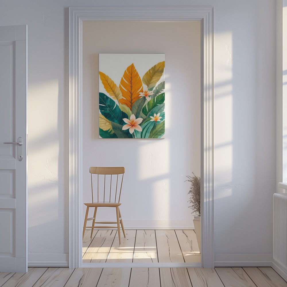 Tropische Blätter und zarte Blüten | Leinwand
