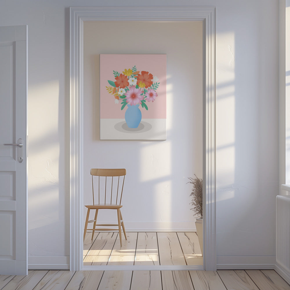 Lebendiger Blumenstrauß in einer blauen Vase | Leinwand