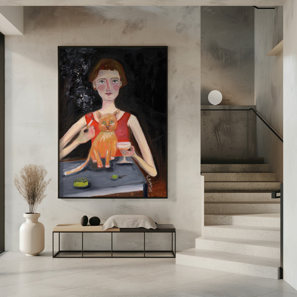 Vintage Frau mit Cocktail und Katze | Poster