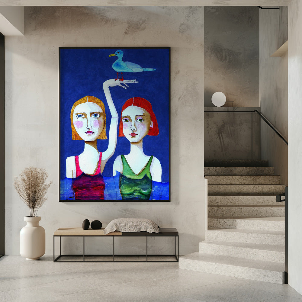 Schwimmende Damen mit blauem Vogel | Poster