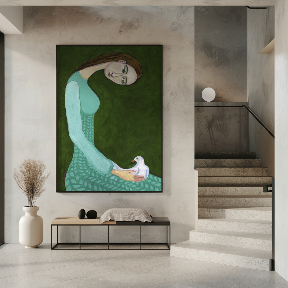 Dame sitzt mit weißer Taube Vogel Frau | Poster