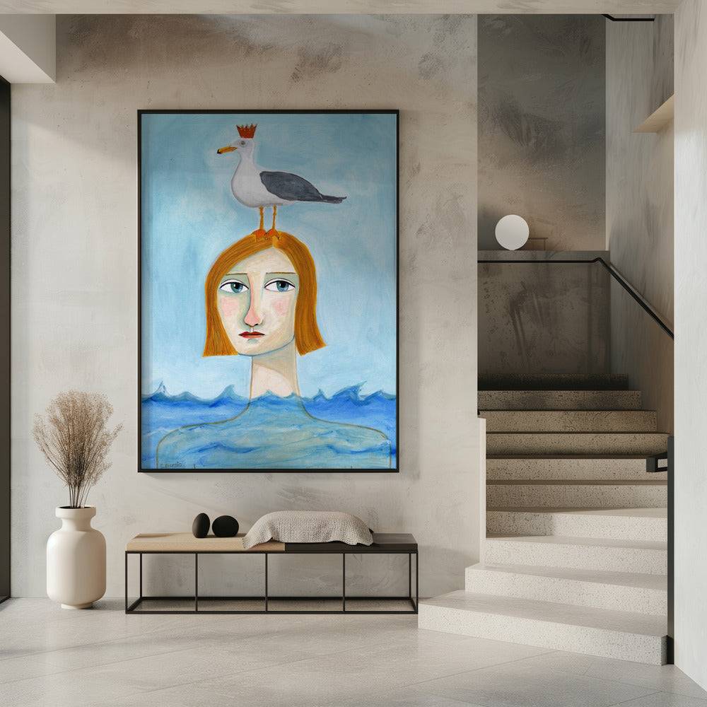 Nackte Dame im Ozean mit Möwe | Poster