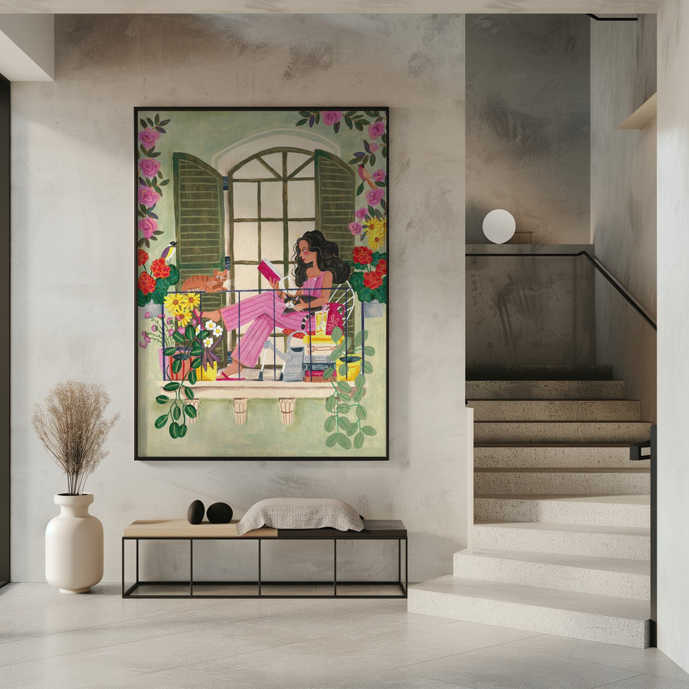 Frau liest auf Balkon | Poster