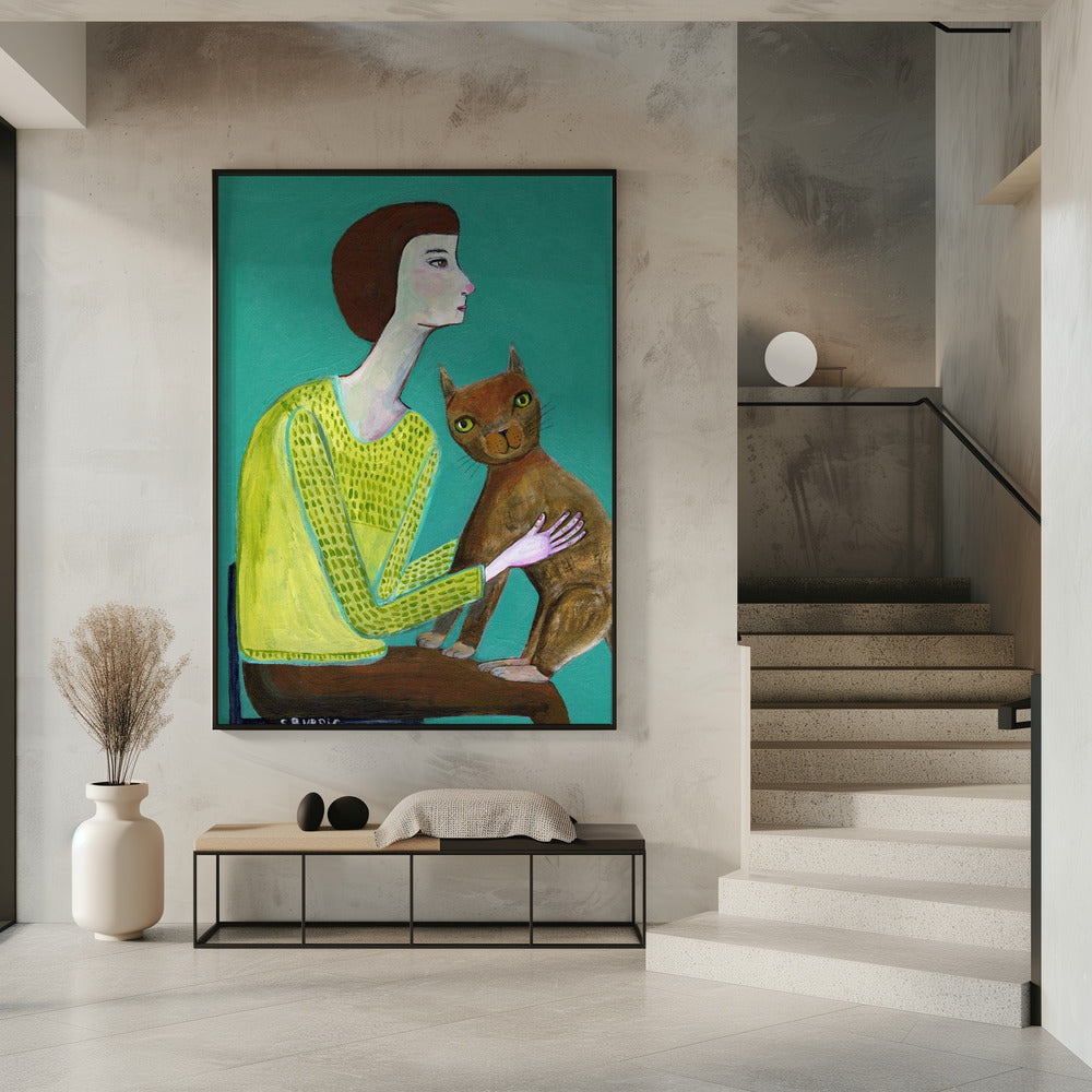 Dame sitzt mit brauner Katze Katzenliebhaber | Poster