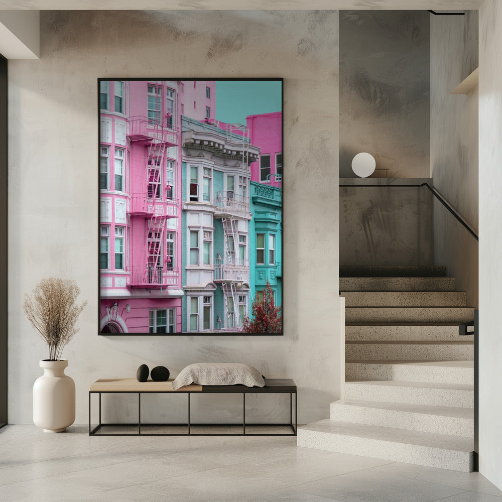 Rosa und blaue Reihenhäuser in San Francisco | Poster