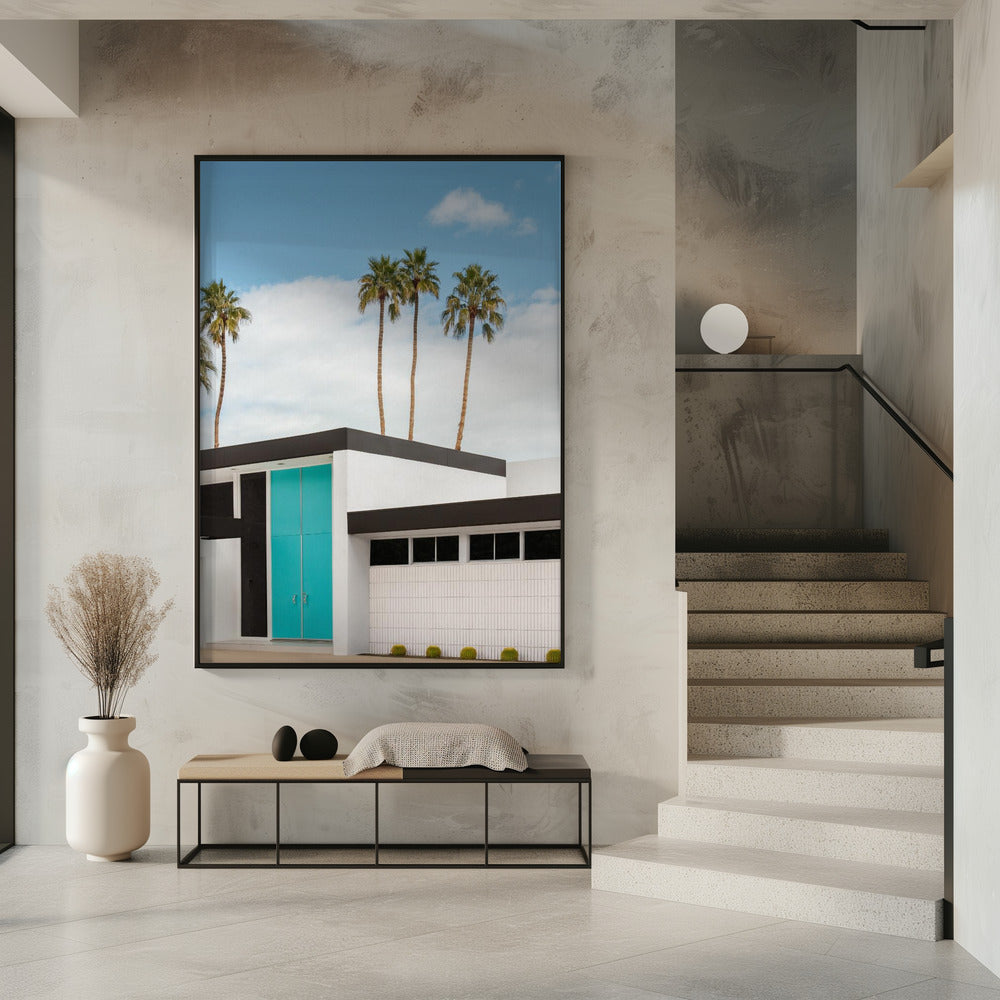 Türkisblaue Türen an einem modernen Haus | Poster