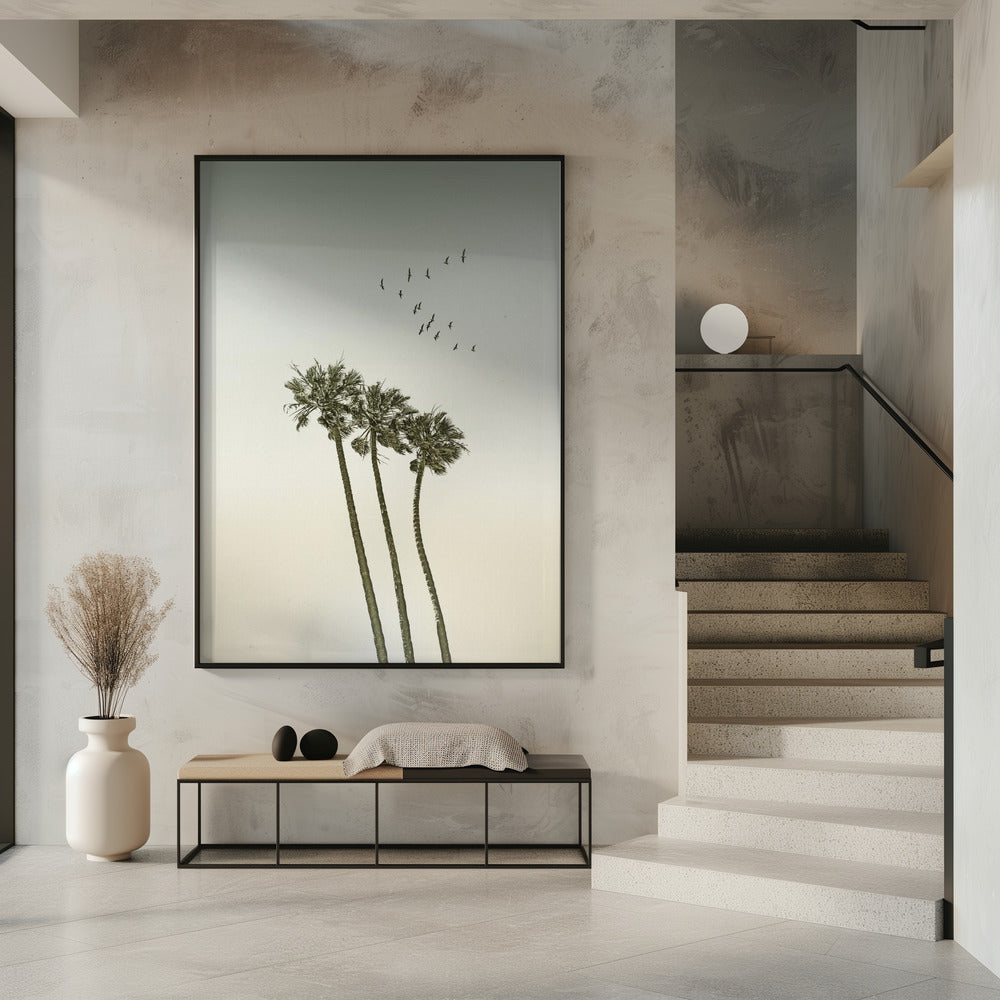 Minimalistische Vintage-Palmen und Sonnenuntergang | Poster
