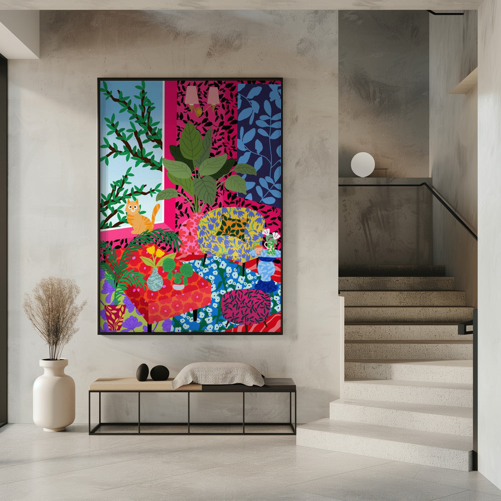 Katze im Flower-Power-Wohnzimmer | Poster
