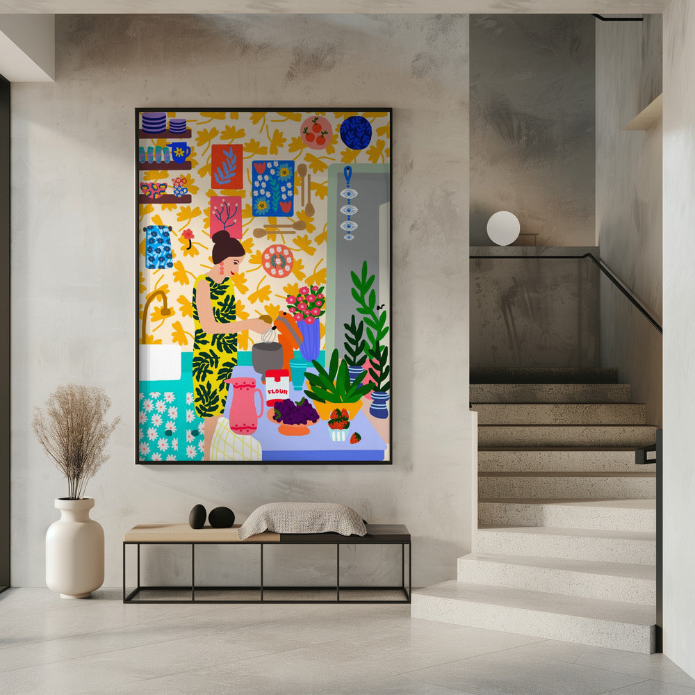Eine Frau in einer Küche mit Blumen | Poster