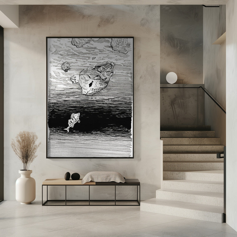 Midless. Ein Fisch im Plastikmeer. Tuschezeichnung. | Poster