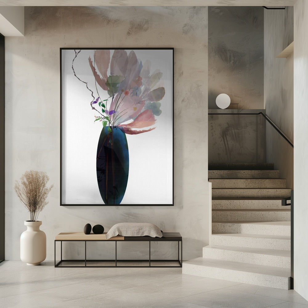 Blush Pink Floral in blauer Glasvase | Poster