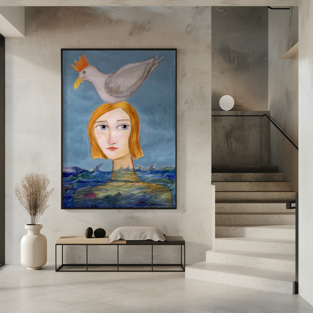 Schwimmerin mit Möwe | Poster