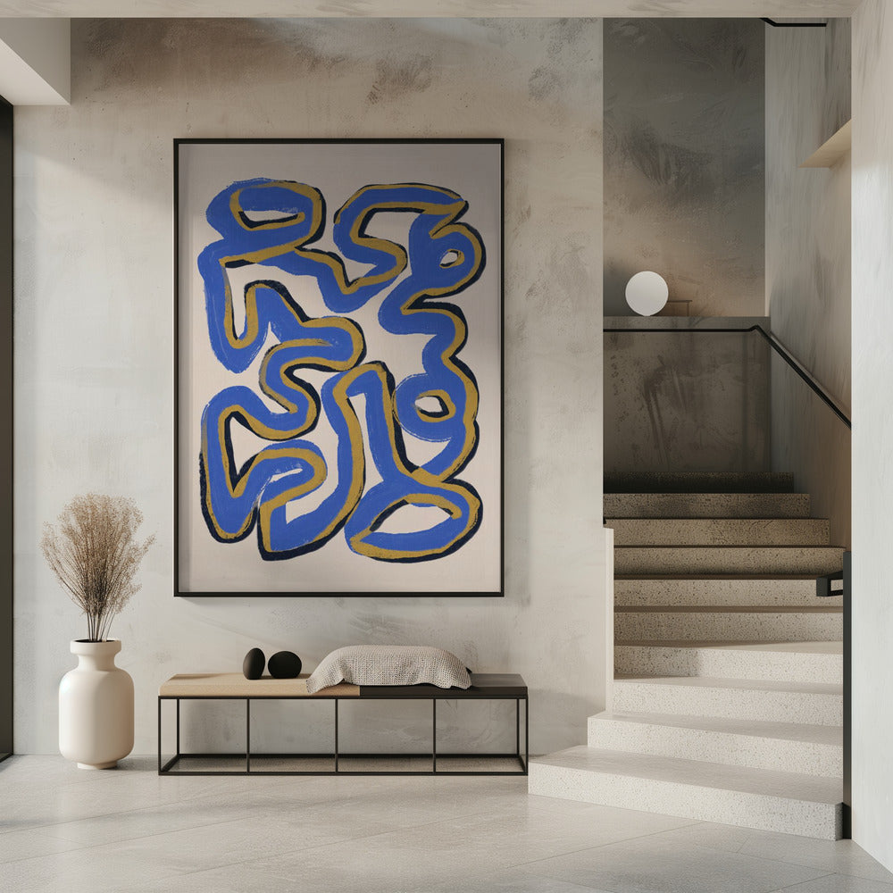 Ineinander verschlungene blaue und ockerfarbene Linien | Poster
