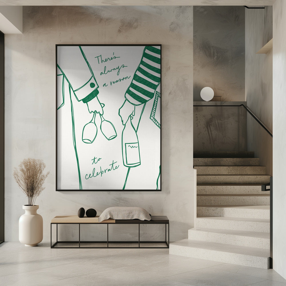 Frau hält Weinflasche und Weinglas (Grün) - Wine Vin Femme Vert | Poster