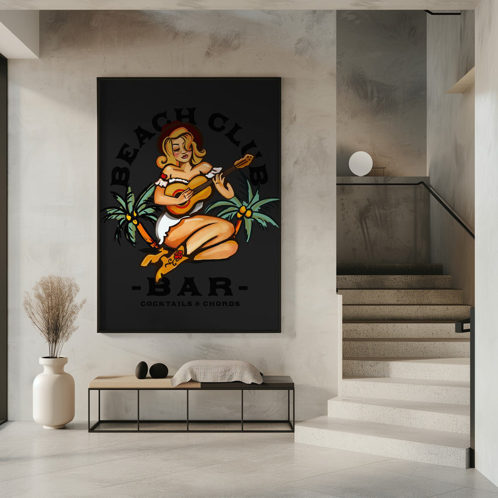 Beach Club Bar. Pin-up-Girl im Sailor Jerry-Stil spielt Gitarre | Poster