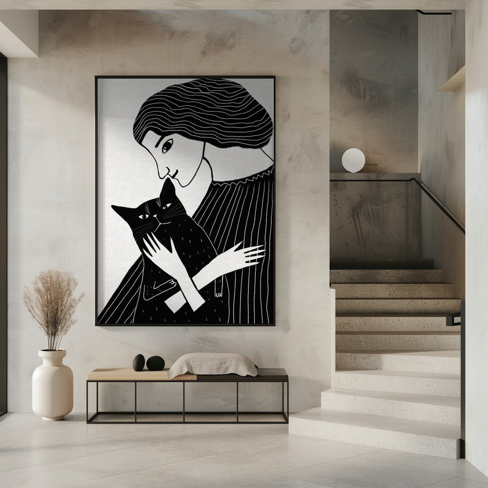 Katzendame mit schwarzer Katze | Poster