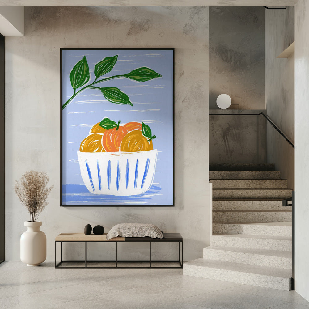 Orangen und Blätter in einer weißen Schüssel | Poster