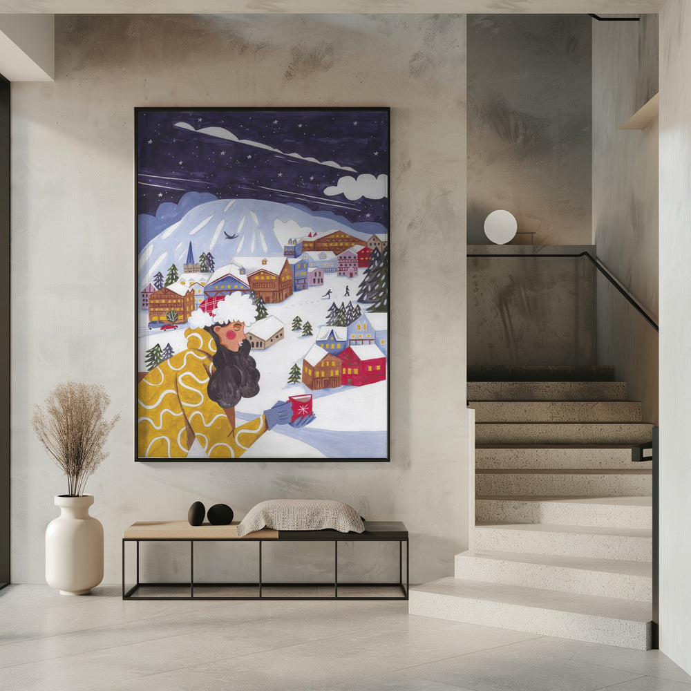 Winterlandschaft mit Frau und Kaffee | Poster