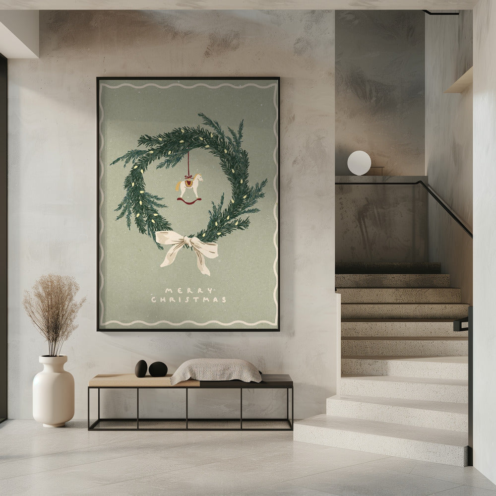 Pferdespielzeug auf Weihnachtskranz mit Schleife | Poster