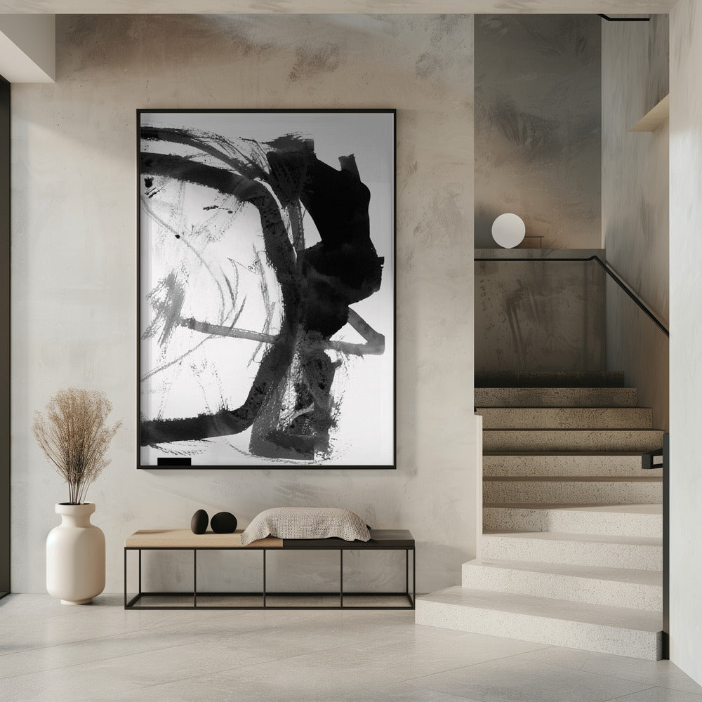 Abstrakter Kunstdruck in Schwarz-Grau-Tinte | Poster