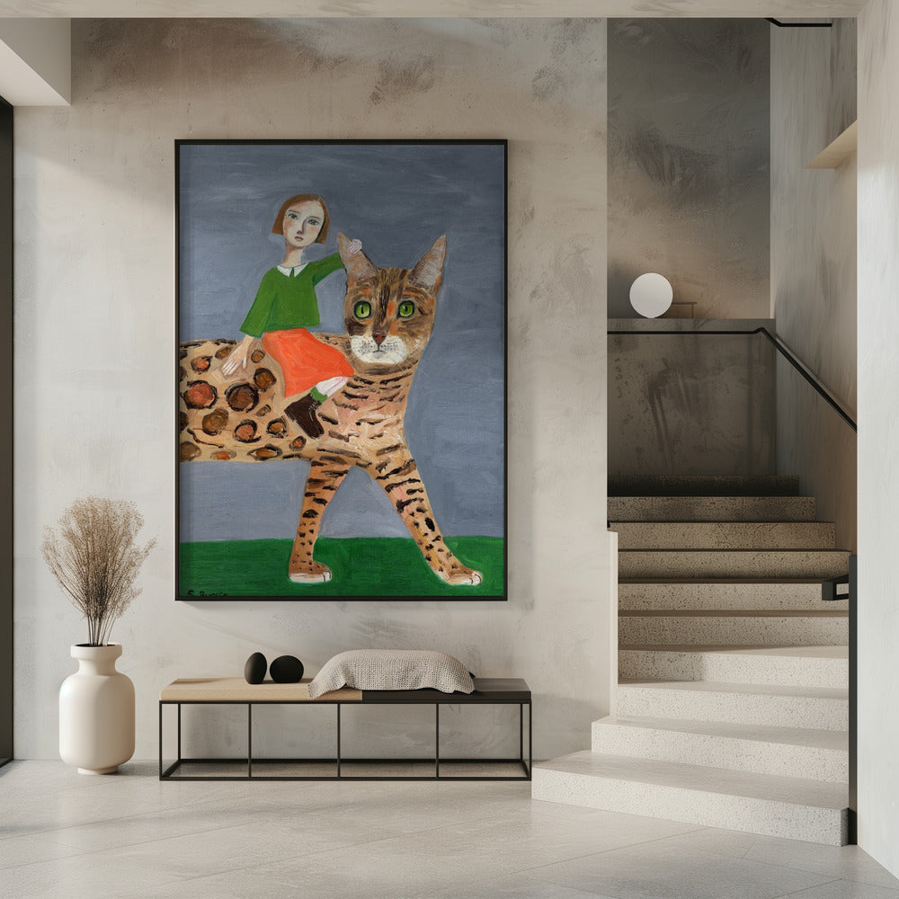 Mädchen auf Bengalkatze | Poster