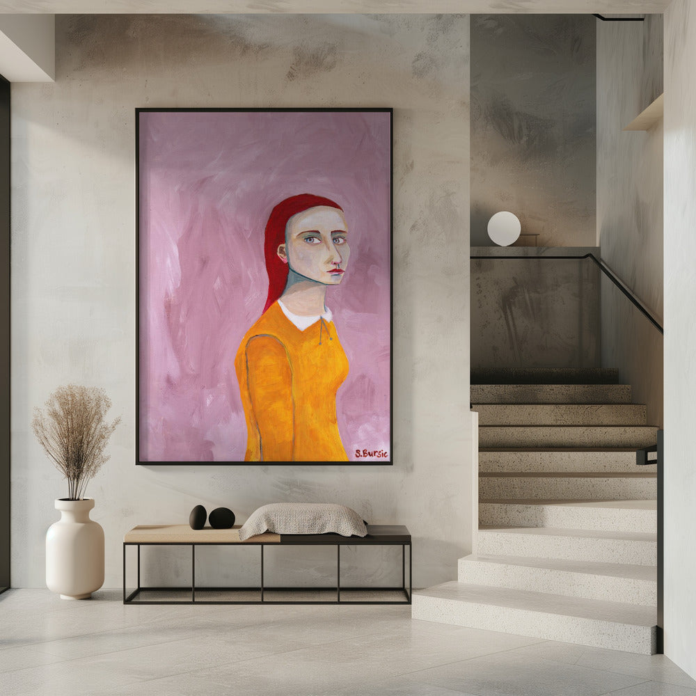 Dame im gelben Kleid und rosa Hintergrund | Poster