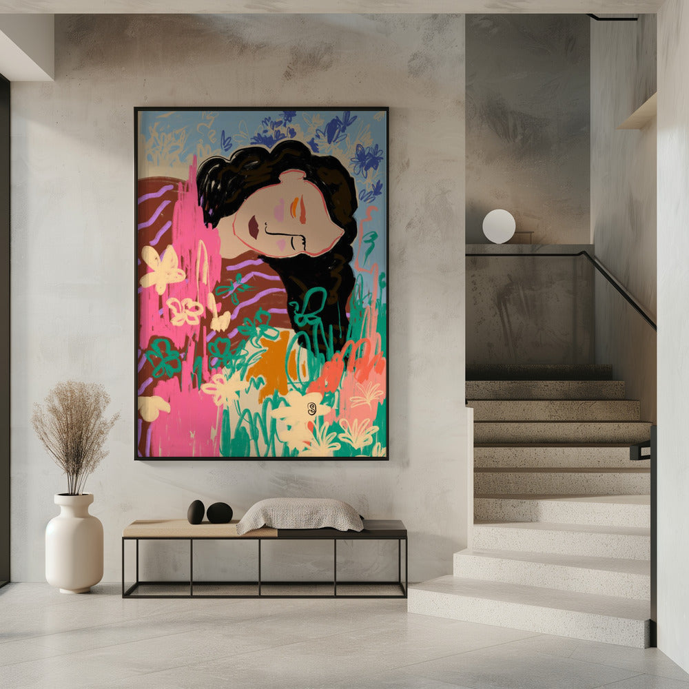 Ausdrucksstarke Figur umgeben von bunten Blumen | Poster