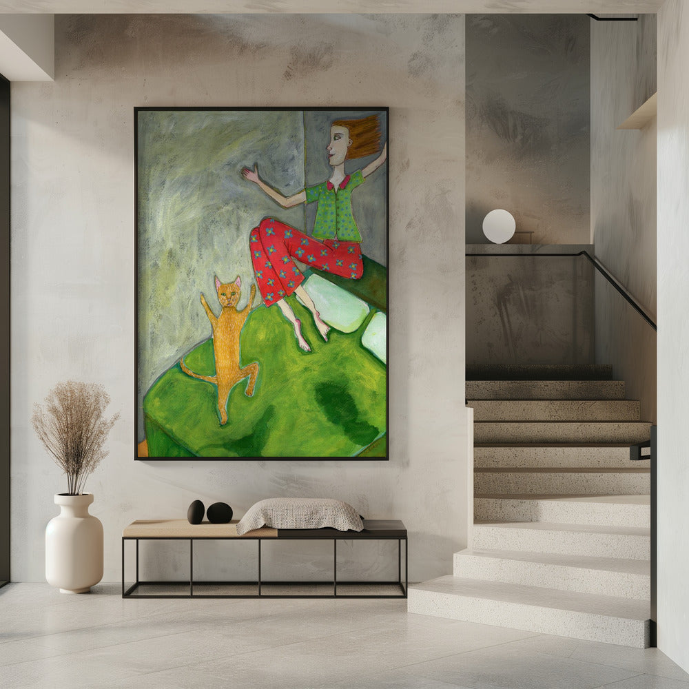 Katzenliebhaber springt fröhlich | Poster